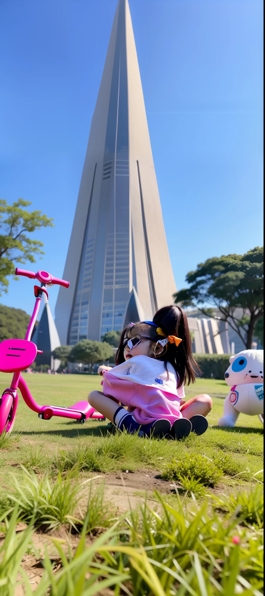 There's a young girl sitting on the grass with a toy bike, no parque em um belo dia, Tiro com iPhone 1 0, com um parque ao fundo, com torres, Parque em segundo plano, no parque, em um parque, em um dia ensolarado, na frente de sua nave espacial, Photo Session, Tomado com Sony Alpha 9, elevando-se acima de uma pessoa pequena