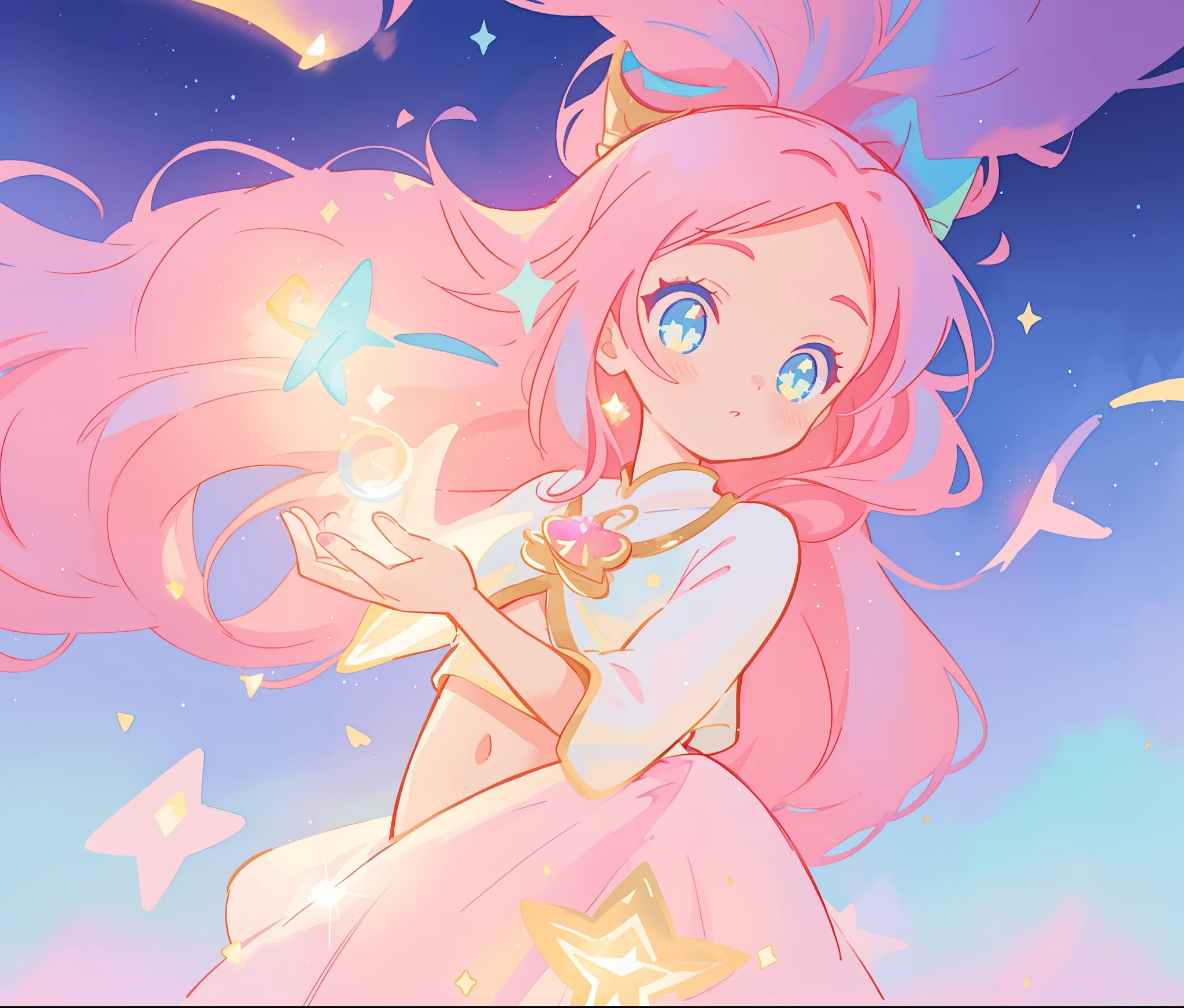beautiful girl in white crop top and skirt, arabian princess, long colorful sparkling pink hair, watercolor illustration, Lois van Baarle, glowing aura around her, Glen Keane, jen bartel, glowing hair, beautiful digital illustration, fantasia background, beautiful, masterpiece, best quality, anime disney style, (detailed eyes), golden ratio, perfect composition