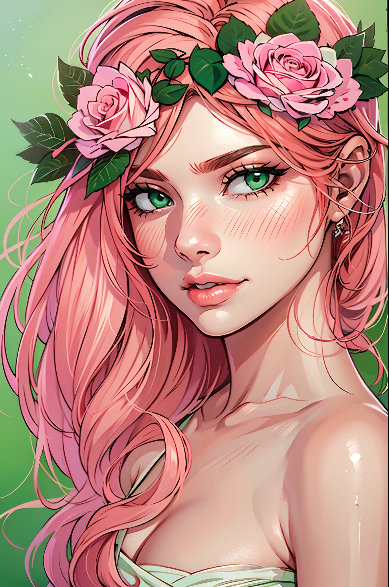 beautiful, redhead, long hair, side part hairstyle, dark green eyes, flower crown, pink roses