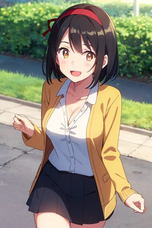 1girl, black hair, bobbed short hair, red headband with red ribbon, brown eyes, open mouth :D, medium breast, long sleeve yellow cardigan, open shirt, white skirt, cleavage, cute, outdoors