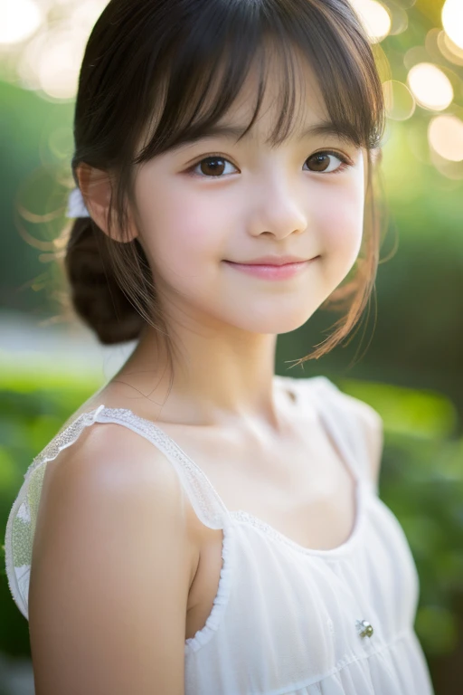 Neat and clean , petite person, (slim, Flat, Small), A dark-haired, Photorealistic, detail, Detailed skin texture, Ultra Detail, Delicate collarbones, Smile, Super Detailed Face, Detailed lips, Detailed eyes, (10years old girl)、Delicate eows、short neck、Professional Photography、(watching at viewers)、silk dresses、f lare、(Unique Beautiful Girl)、30mm prime lens、softfocus、Narrow-eyed、pores、bodyhair、Half Russian and half Japan