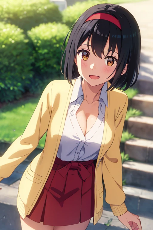 1girl, black hair, bobbed short hair, red headband with red ribbon, brown eyes, open mouth :D, medium breast, long sleeve yellow cardigan, open shirt, white dress, cleavage, cute, outdoors