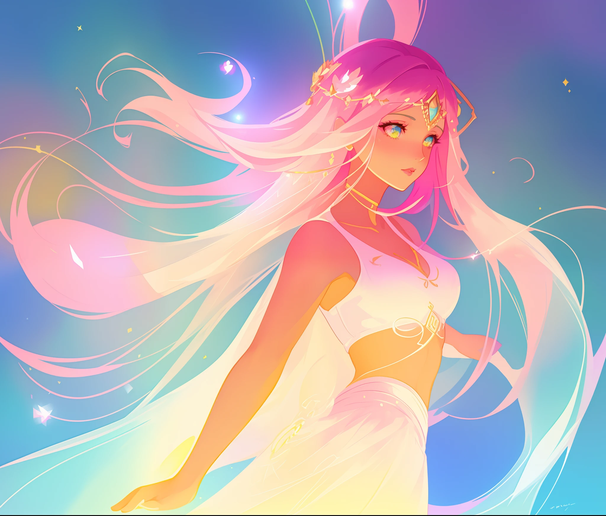 beautiful girl in white arabian dancer two piece dress, arabian princess, long colorful sparkling pink hair, watercolor illustration, Lois van Baarle, glowing aura around her, Glen Keane, jen bartel, glowing hair, beautiful digital illustration, fantasia background, beautiful, masterpiece, best quality, anime disney style, (detailed eyes)