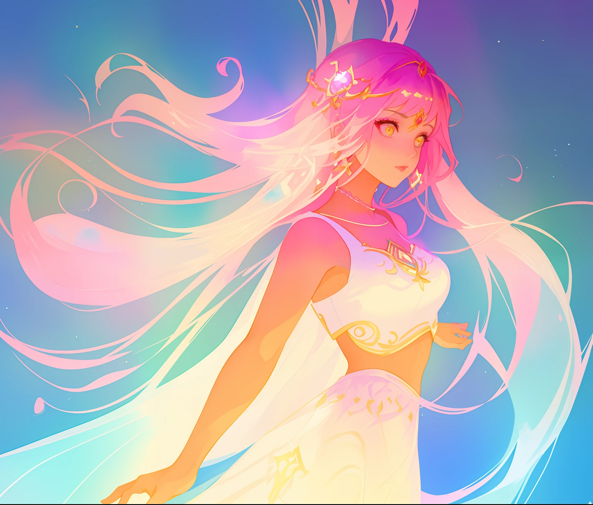 beautiful girl in white crop top and skirt, arabian princess, long colorful sparkling pink hair, watercolor illustration, Lois van Baarle, glowing aura around her, Glen Keane, jen bartel, glowing hair, beautiful digital illustration, fantasia background, beautiful, masterpiece, best quality, anime disney style, (detailed eyes), golden ratio, perfect composition, (intricately detailed dress design)