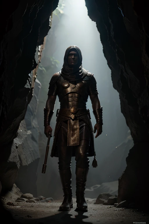 Arafed stone statue of a man standing in a narrow cave, olhos de pedra, Cinematography by Denis Villeneuve, Esfinge ao longe, union (2012), Stillage de um videoclipe, Sociedade Secreta do Imperador, Directed by: Youssef Howayek, textura detalhada do terreno, tiro em IMAX, Bloqueador, tombs
