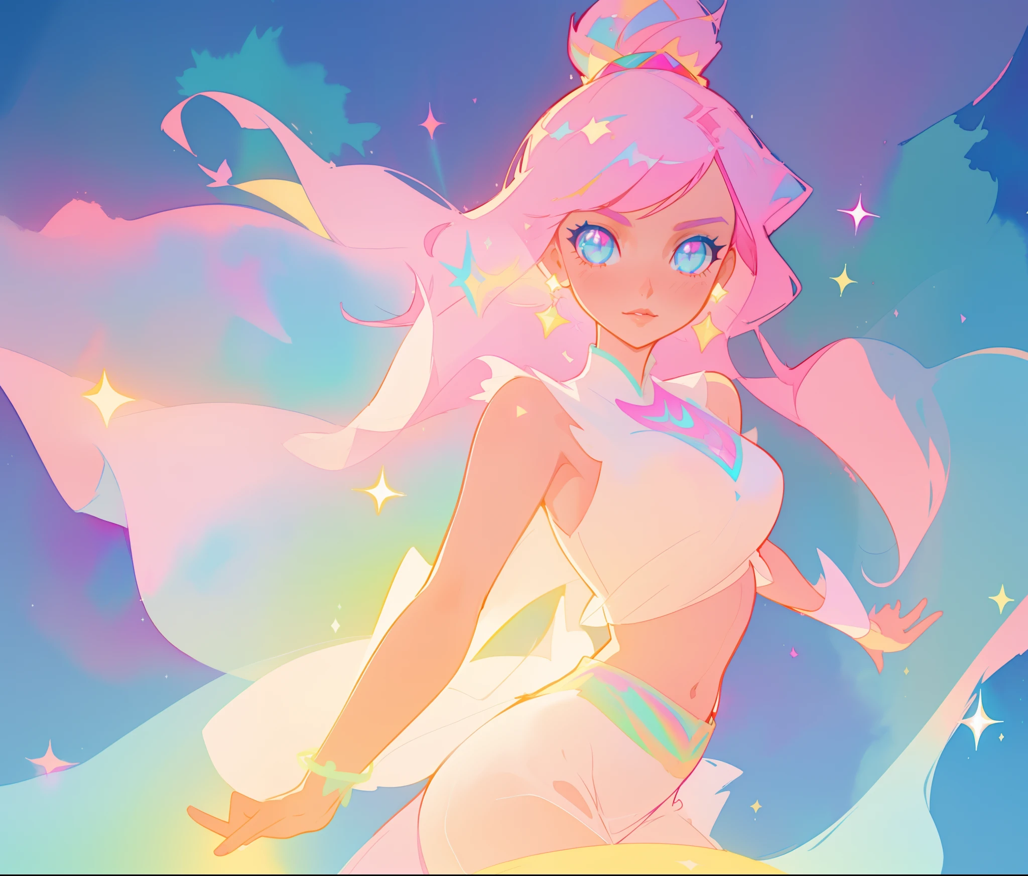beautiful girl in white crop top and skirt, arabian princess, long colorful sparkling pink hair, watercolor illustration, Lois van Baarle, glowing aura around her, Glen Keane, jen bartel, glowing hair, beautiful digital illustration, fantasia background, beautiful, masterpiece, best quality, anime disney style, (detailed eyes)