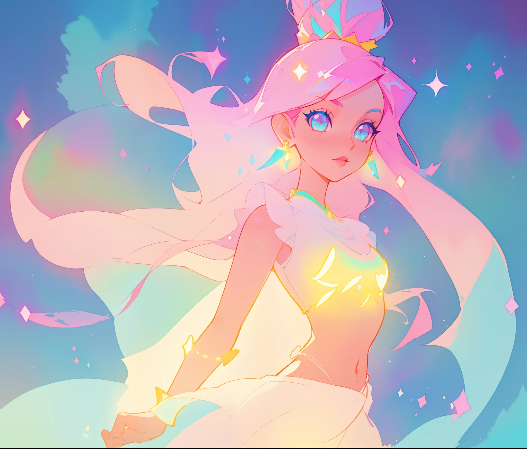 beautiful girl in white crop top and skirt, arabian princess, long colorful sparkling pink hair, watercolor illustration, Lois van Baarle, glowing aura around her, Glen Keane, jen bartel, glowing hair, beautiful digital illustration, fantasia background, beautiful, masterpiece, best quality, anime disney style, (detailed eyes)