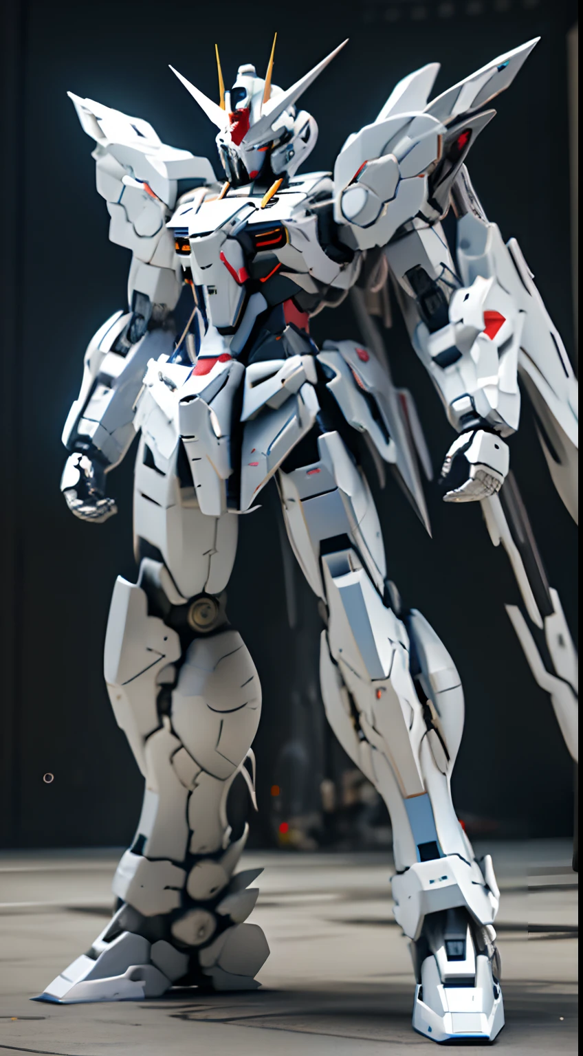 Gundam、Full body like、No back equipment、realisitic、Dual Eye、Facing the front、Lines of simple、White the&Silver Body、Chemical、realisticlying、Giant Robo、Standing between buildings、