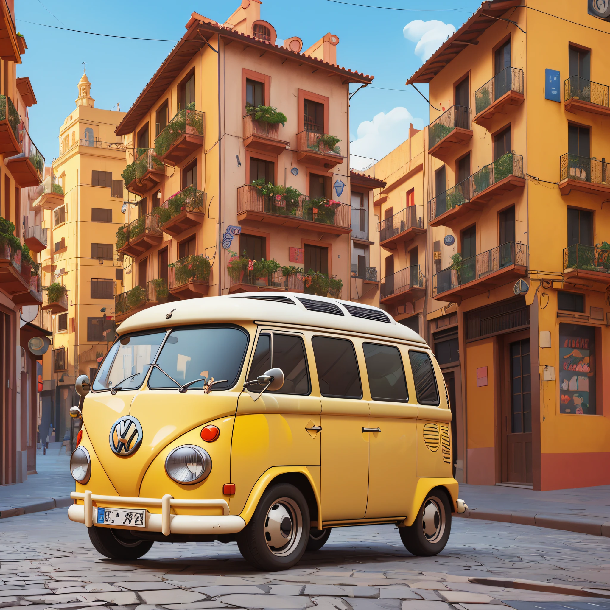 a digital illustration in anime cartoon style of a yellow volkswagen van parked on a cobblestone street of Barcelona, beautiful retro art, volkswagen van, full of colors and rich details, Direction: Painter Müller, Rich colors and details, Pop Art Digital Illustration, super anime style realistic, oil painting H 768, beautiful illustration, in retro colors, vector art, Direction: Ignacio Zuloaga, vray tracing, HDR, 32k