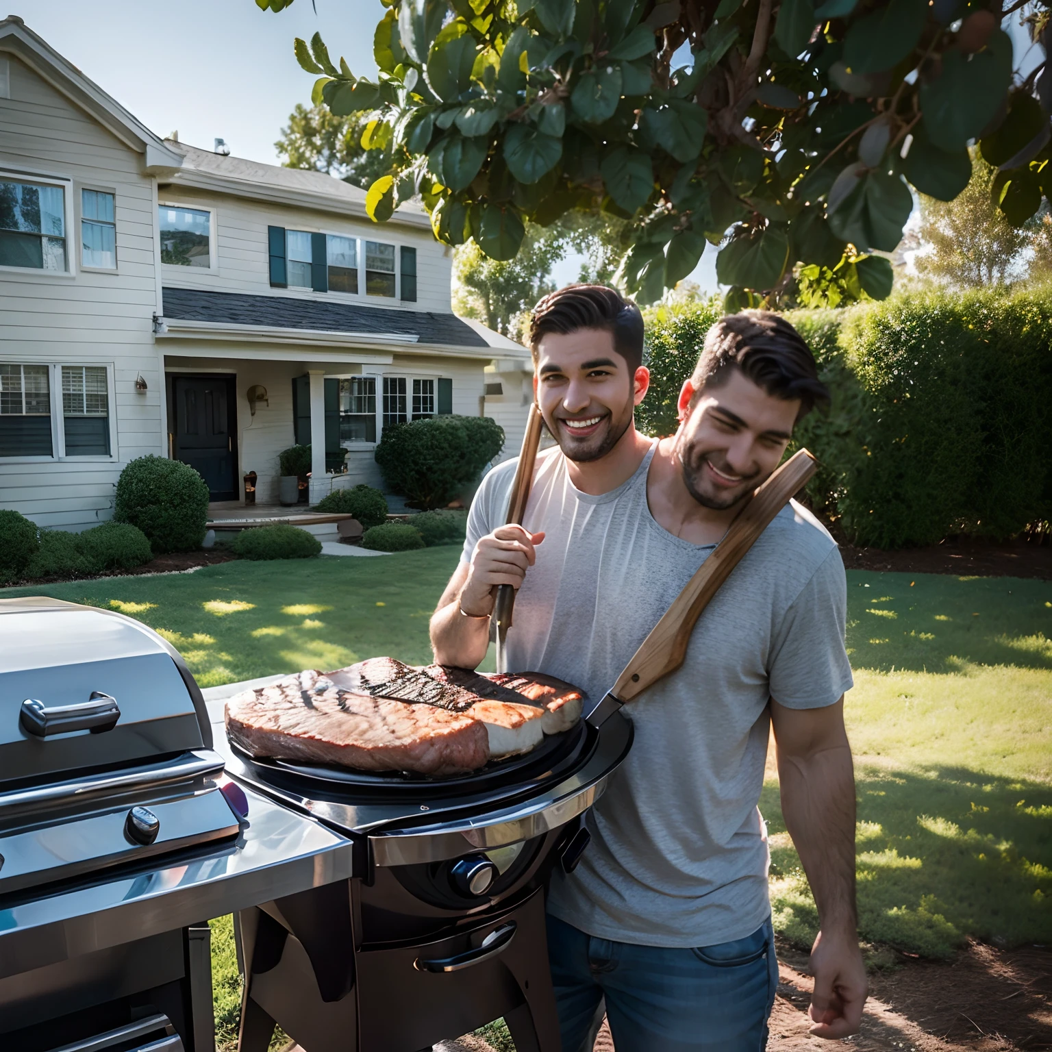 (((2heads))),1man, grilling some meats on an outdoor grill in the backyard of a typical American suburban house,  1woman standing next to him