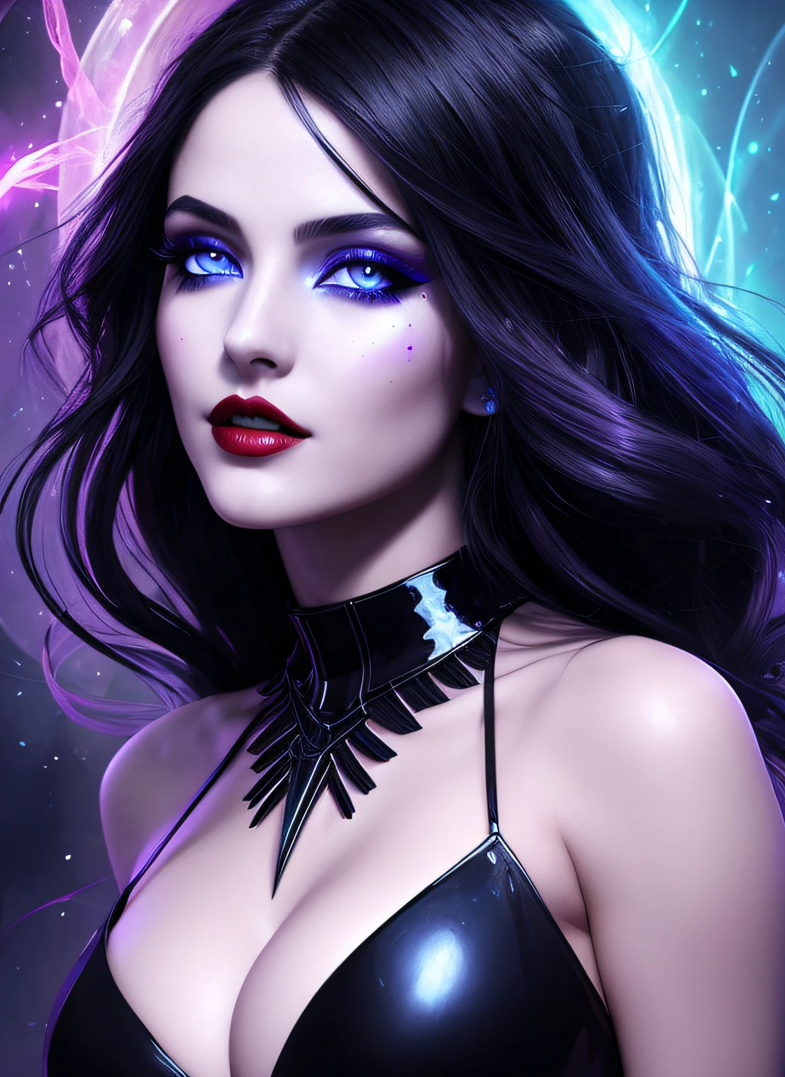 Noir painting, Extreme close up of a powerful sorceress, enchantress in glowing black dress (bare shoulders), hourglass figure, curvy, cleavage, long flowing black hair, goth makeup, lush dark red lips, wanting a kiss, facing viewer, looking at viewer, enticing viewer with magic, highly detailed face, alluring blue eyes, real, symmetrical, high detail, best quality, astral body, chaos atmosphere, dark fantasy, Artgerm, 1female, bioluminescent magic elements, clothes, 8k purple magic