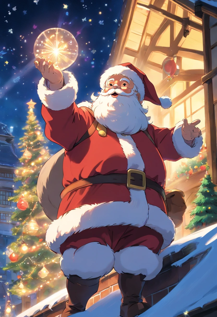 Capture a low-angle shot of Santa Claus with twinkling holiday lights in the background, creating a festive and magical atmosphere