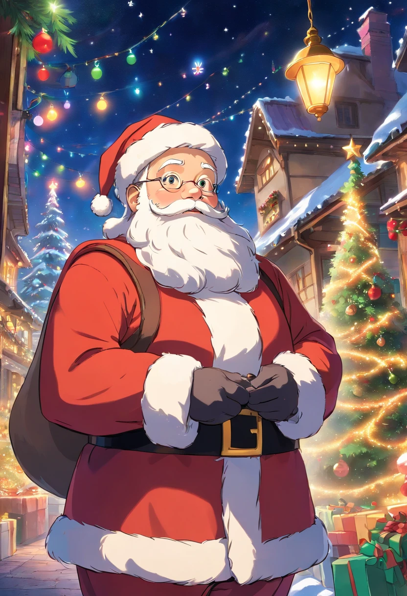 Capture a low-angle shot of Santa Claus with twinkling holiday lights in the background, creating a festive and magical atmosphere