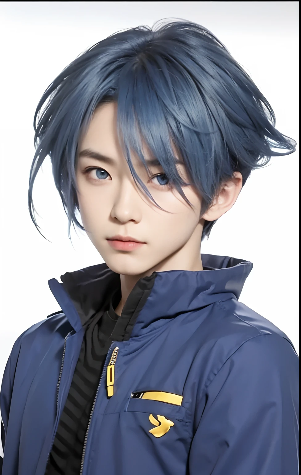 A boy with realistic blue hair, exactly the same hairstyle, realistic Japanese handsome face, realistic cool expression,Realistic dark blue eyes, adapt Exact clothing, realistic light, realistic background, realistic shadows,Realistic fierce face