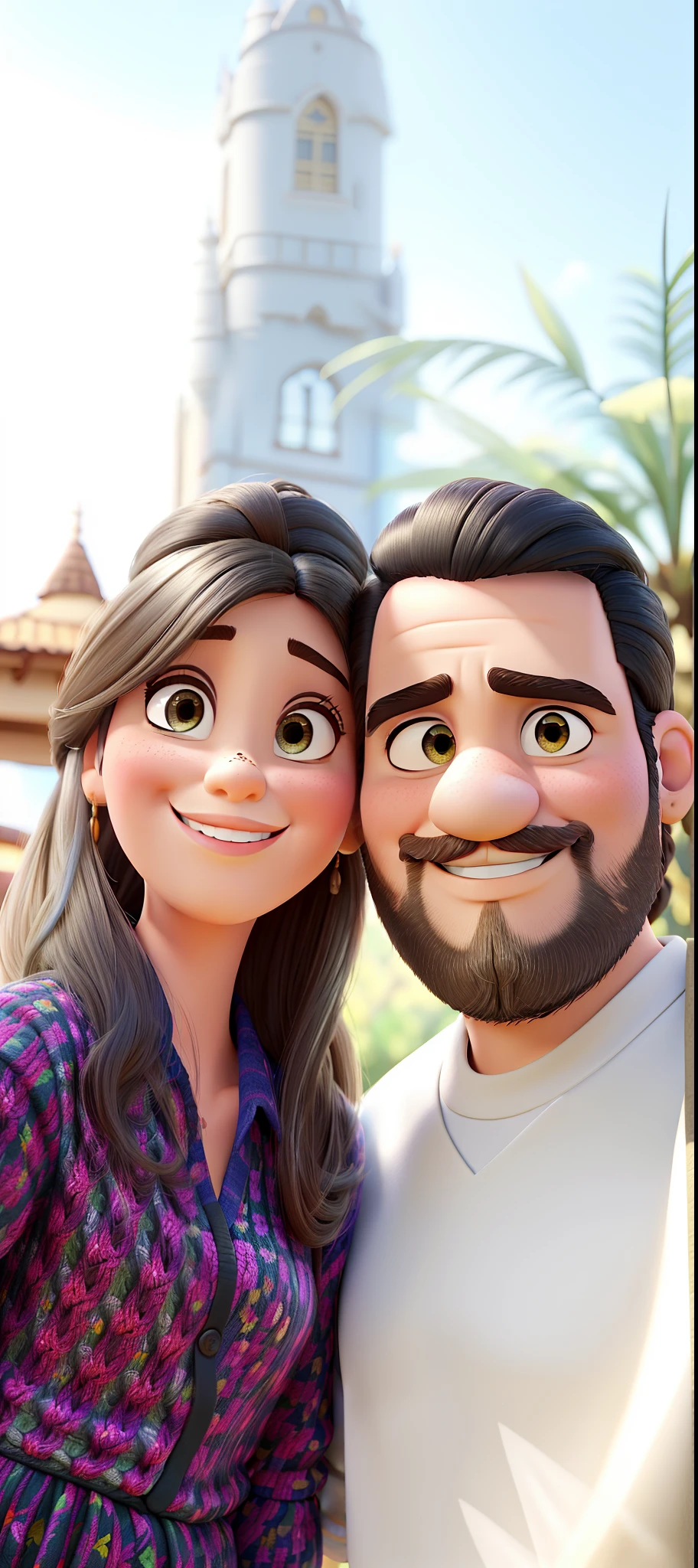Casal feliz, Disney Pixar, alta qualidade, melhor qualidade, mulher cabelo liso e castanho, olhos castanhos, homem cabelo liso e preto, barba rala, fundo jardim distorcido