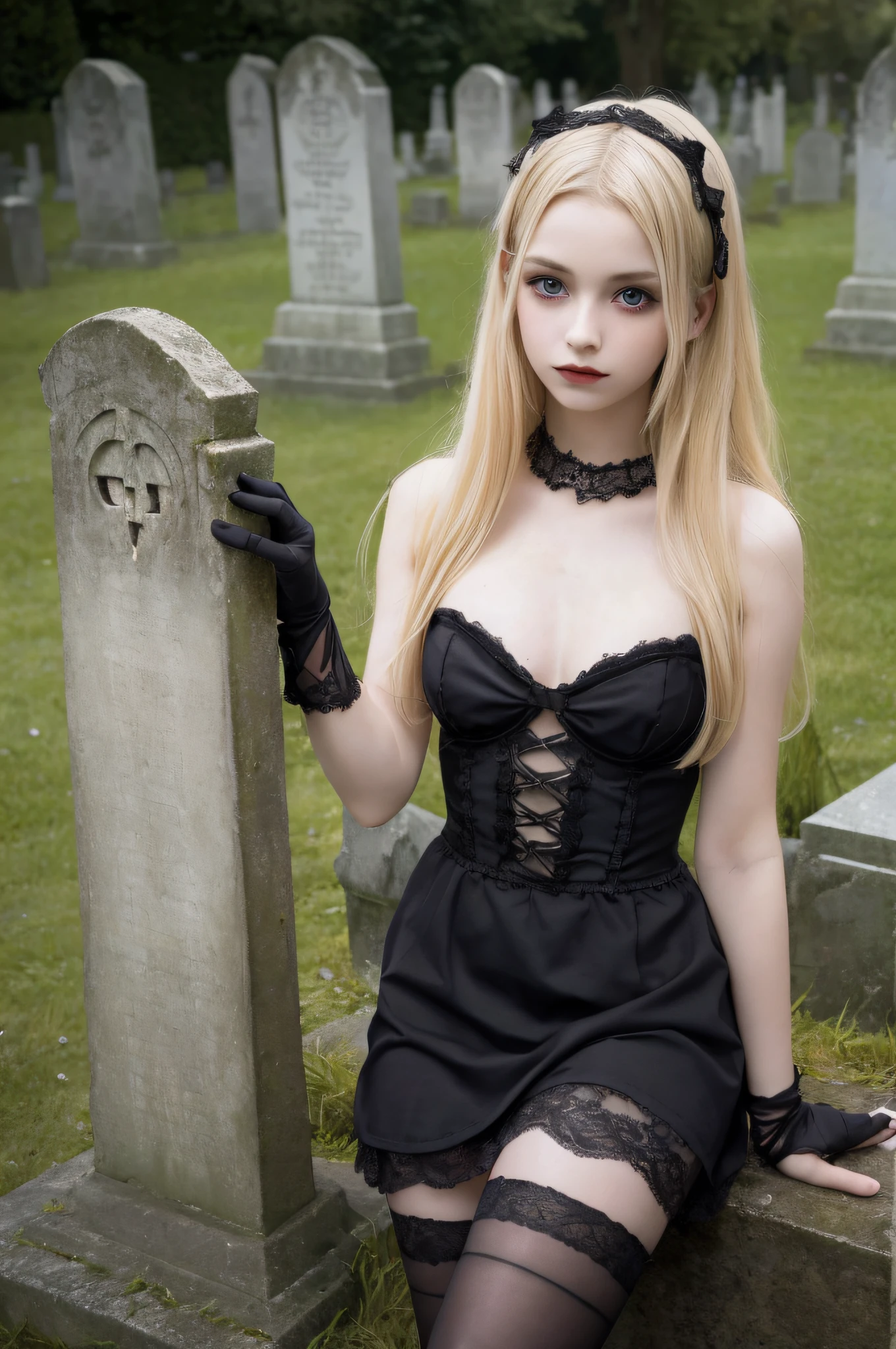 Best quality, soft light, ultra high resolution (photorealistic: 1.4), 1 cute gothic girl, , blonde hair, gray eyes, gothic dress, pale skin, gothic makeup, (Detail of human skin in high resolution Texture), stop at the entrance to a cemetery, black knee-high stockings, graves, small breasts, smiling showing fangs, rating:questionable