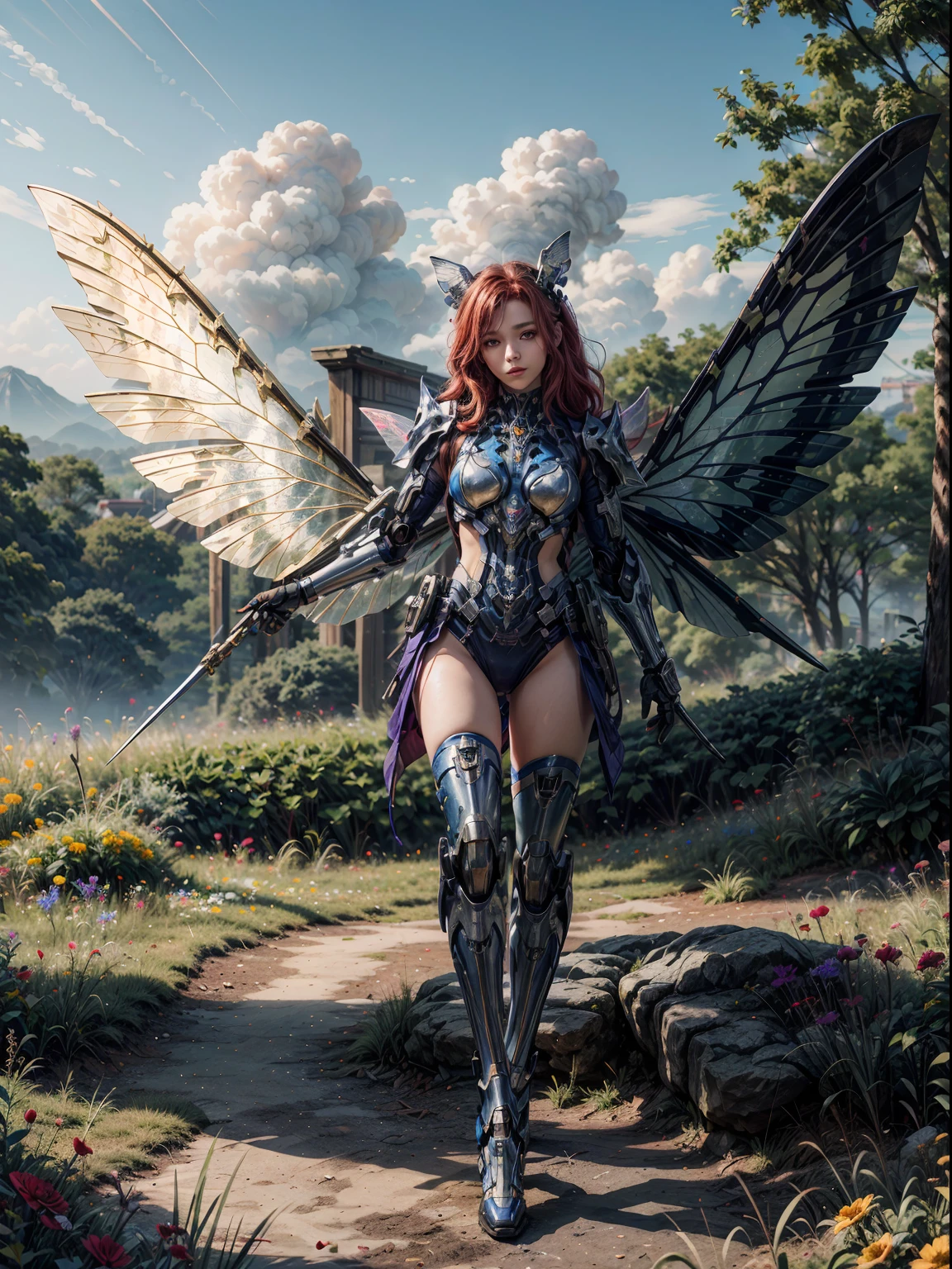 a picture of a mecha fairy resting in a rainbow colored flower meadow, full body, an exquisite beautiful (ultra detailed, Masterpiece, best quality: 1.4) female mecha fairy, dynamic angle (best detailed, Masterpiece, best quality), best detailed face (best detailed, Masterpiece, best quality: 1.5), ultra feminine (best detailed, Masterpiece, best quality), butterfly_wings, red hair, long hair, braided hair, dynamic eyes color, (wearing mecha armor: 1.4), resting in (rainbow colored flower meadow: 1.6), full colored, (perfect spectrum: 1.3),( vibrant work: 1.4) vibrant shades of red, orange, yellow, green, blue, indigo, violet day light, sun rising, high details, fantasy art, RPG art best quality, 16k, [ultra detailed], masterpiece, best quality, (ultra detailed), full body, ultra wide shot, photorealistic, mecha musume, anatomically correct, textured skin, high details, 8k