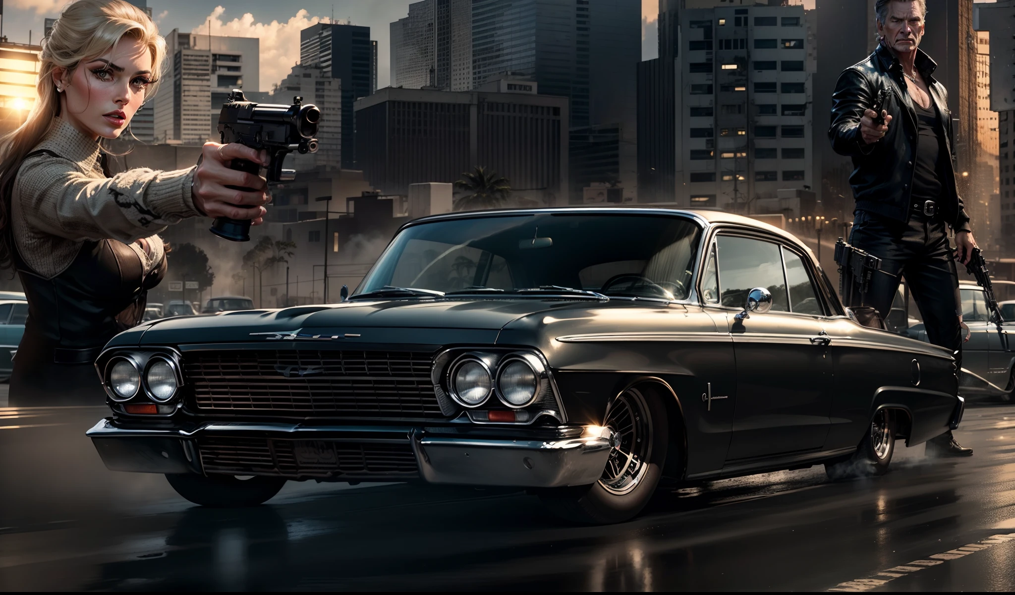 um imponente, Classic Black 1962 Chevy Impala in the Foreground, behind a close-up of a beautiful gangster Angelina Jollie holding a pistol and a gangster Harrison Ford standing armed with a pistol and the sun and buildings of a street in the US
