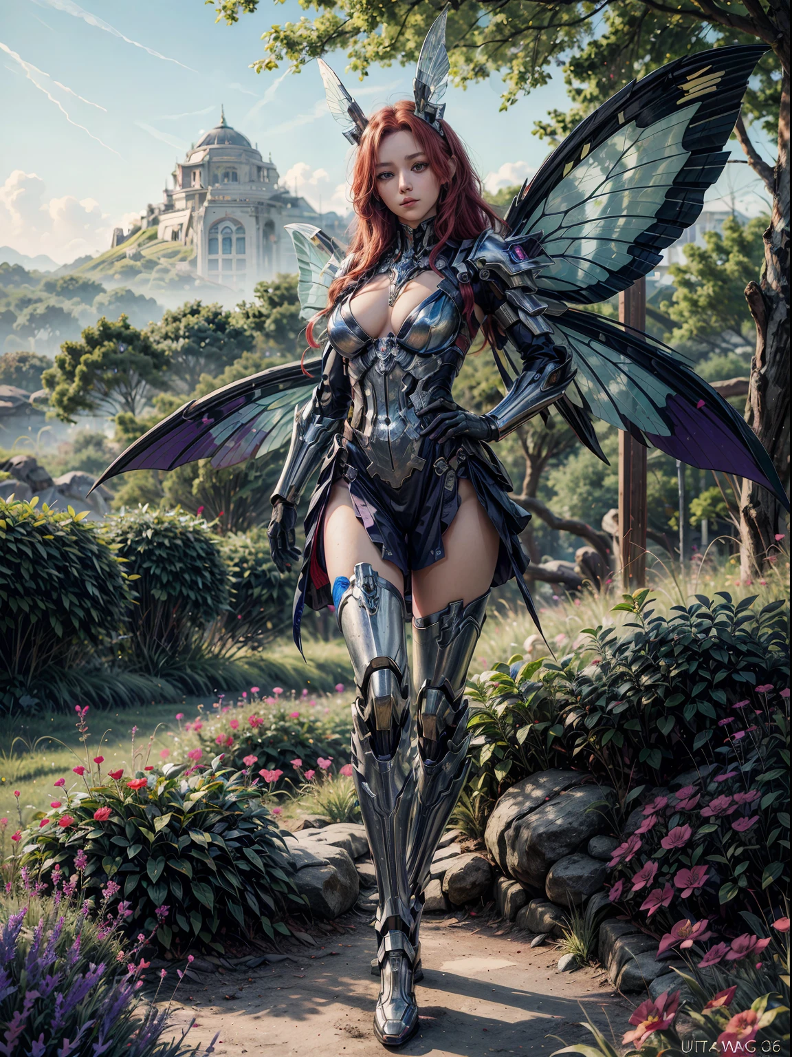 a picture of a mecha fairy resting in a rainbow colored flower meadow, full body, an exquisite beautiful (ultra detailed, Masterpiece, best quality: 1.4) female mecha fairy, dynamic angle (best detailed, Masterpiece, best quality), best detailed face (best detailed, Masterpiece, best quality: 1.5), ultra feminine (best detailed, Masterpiece, best quality), butterfly_wings, red hair, long hair, braided hair, dynamic eyes color, (wearing mecha armor: 1.4), resting in (rainbow colored flower meadow: 1.6), full colored, (perfect spectrum: 1.3),( vibrant work: 1.4) vibrant shades of red, orange, yellow, green, blue, indigo, violet day light, sun rising, high details, fantasy art, RPG art best quality, 16k, [ultra detailed], masterpiece, best quality, (ultra detailed), full body, ultra wide shot, photorealistic, mecha musume, anatomically correct, textured skin, high details, 8k