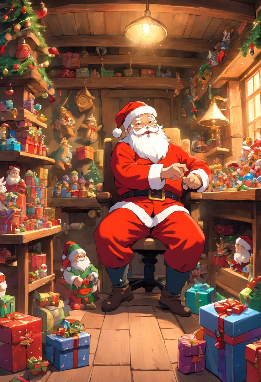 Capture an image of Santa Claus in his workshop, surrounded by toys and gifts, showcasing the joy of Christmas preparation