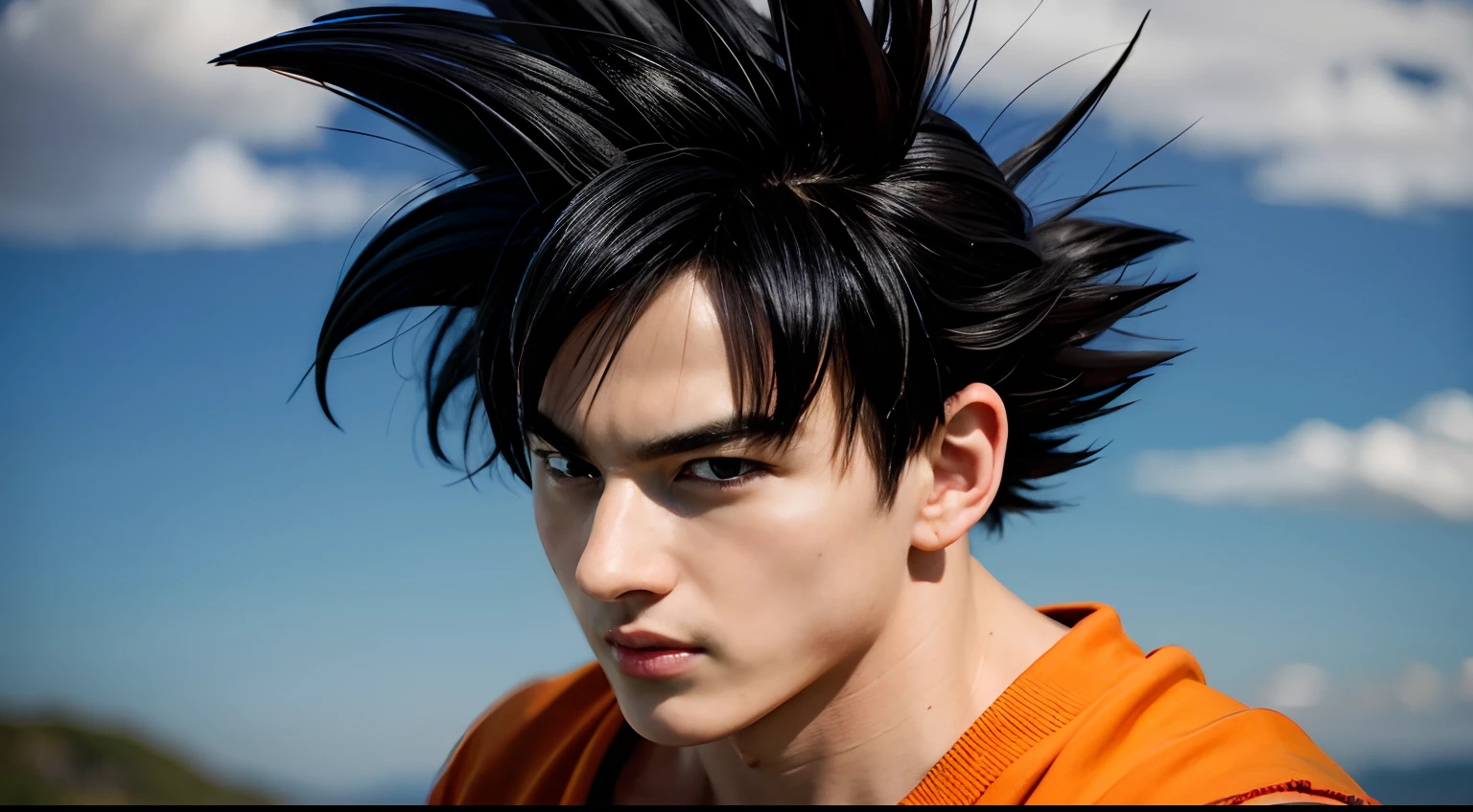 1boy, spiked hair, black hair, black eyes, gi, dougi, outdoor, orange clothes, detailed face, detailed eyes