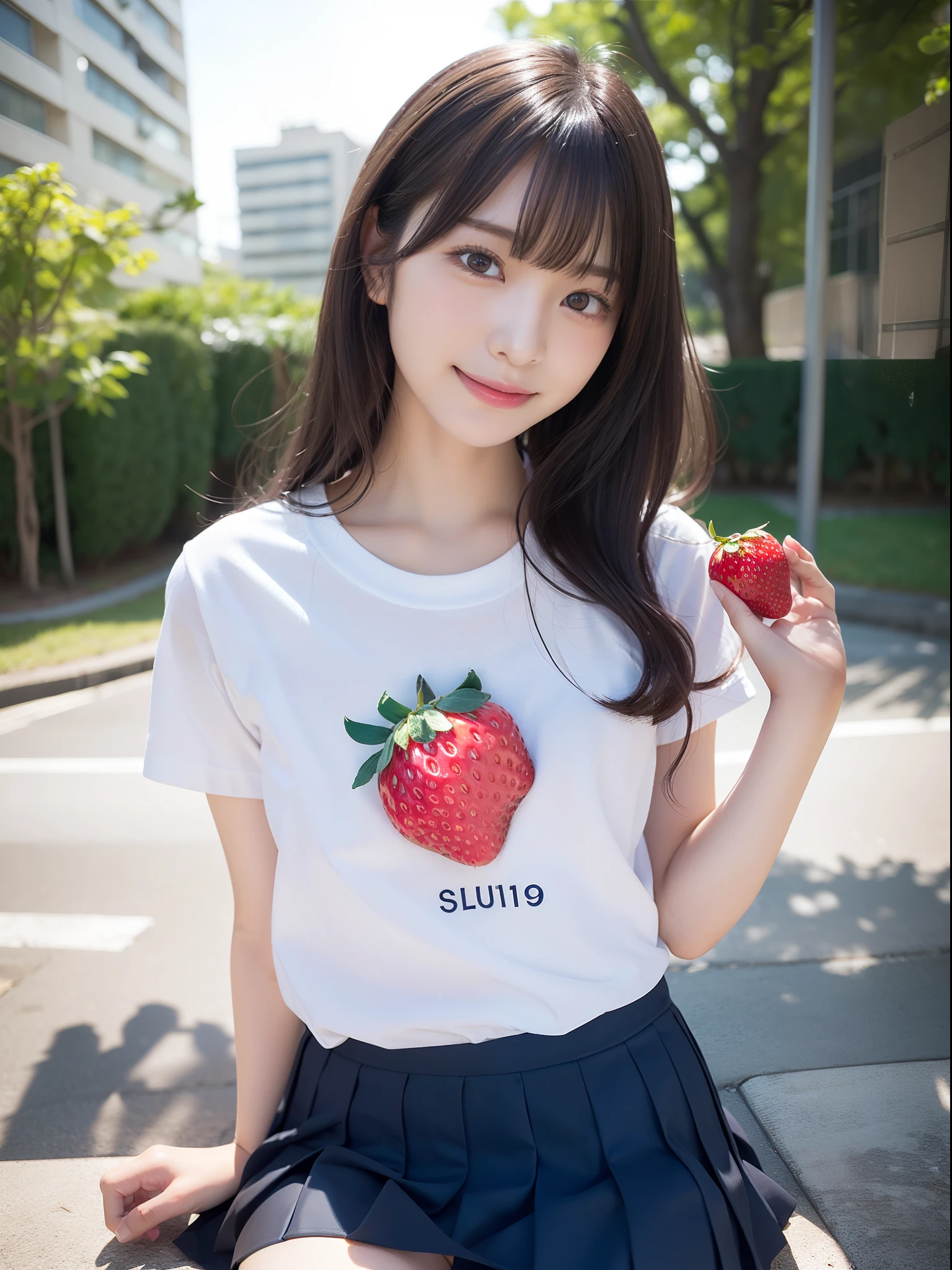in 8K,Best Quality:1.4, 超A high resolution:1.5, (Photorealistic:1.4),masterpiece:1.2,(top-quality:1.4)、, (the background is blurred), Japan women, Cute, He was 、Beautiful black eyes、dual、natural skin textures:1.8, realistic eyes and face details:1.8、middlebreasts、(Solo), (Shy smile), Full body:1.2、(((student clothes)))、hi-school girl、a sailor suit、realistic shadow、beauty legs:1.2、Smooth skin、 (Brown medium hair,Bangs),、 Look at viewers、lean forward a little、kawaii、a miniskirt、((Fluttering skirt))、Navy blue pleated skirt、((I can see my panties))、The best smile、((Strawberry print panties))、