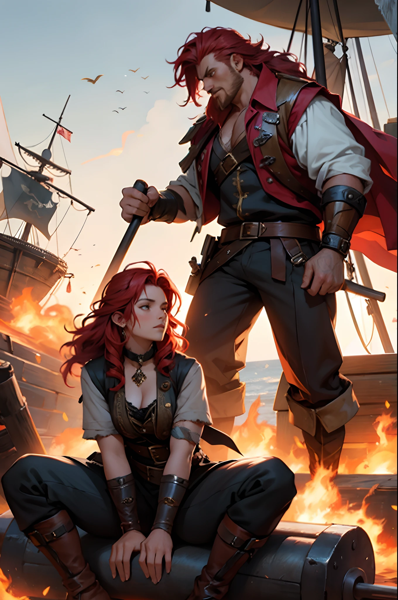 Middle-aged woman in pirate costume holding a large cannon, Big Guy, female warrior, Wounds on the face, Red-haired