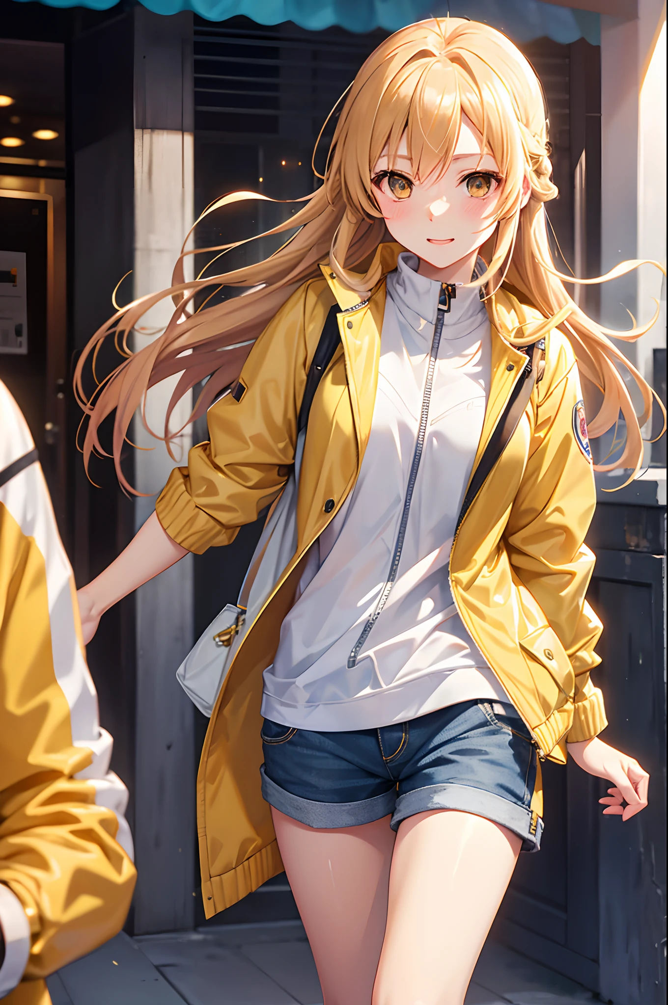 Asuna, wearing a jacket, short pants, white yellow jacket, pov, dating, blushing face, potrait, detailed, golden hour