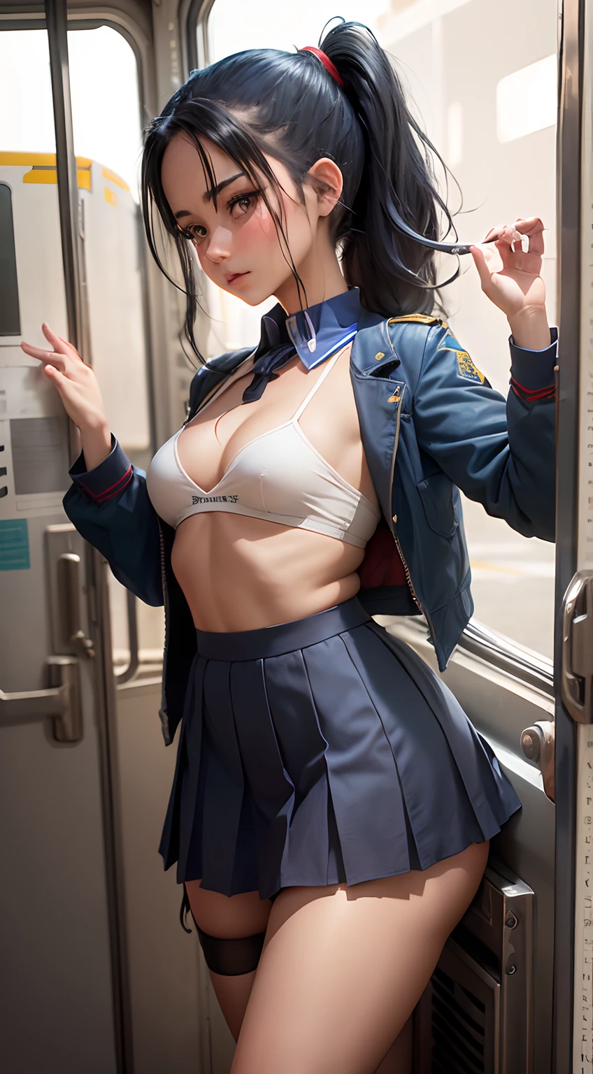 1girl in, Solo, Laura S. Alceid (long dark blue hair, Ponytail and side van, small tit), (Inspired by the trail of cold steel) ,(Accurate Hand Modeling,)In a school dress showing off her panties, In military schools, embarrassed