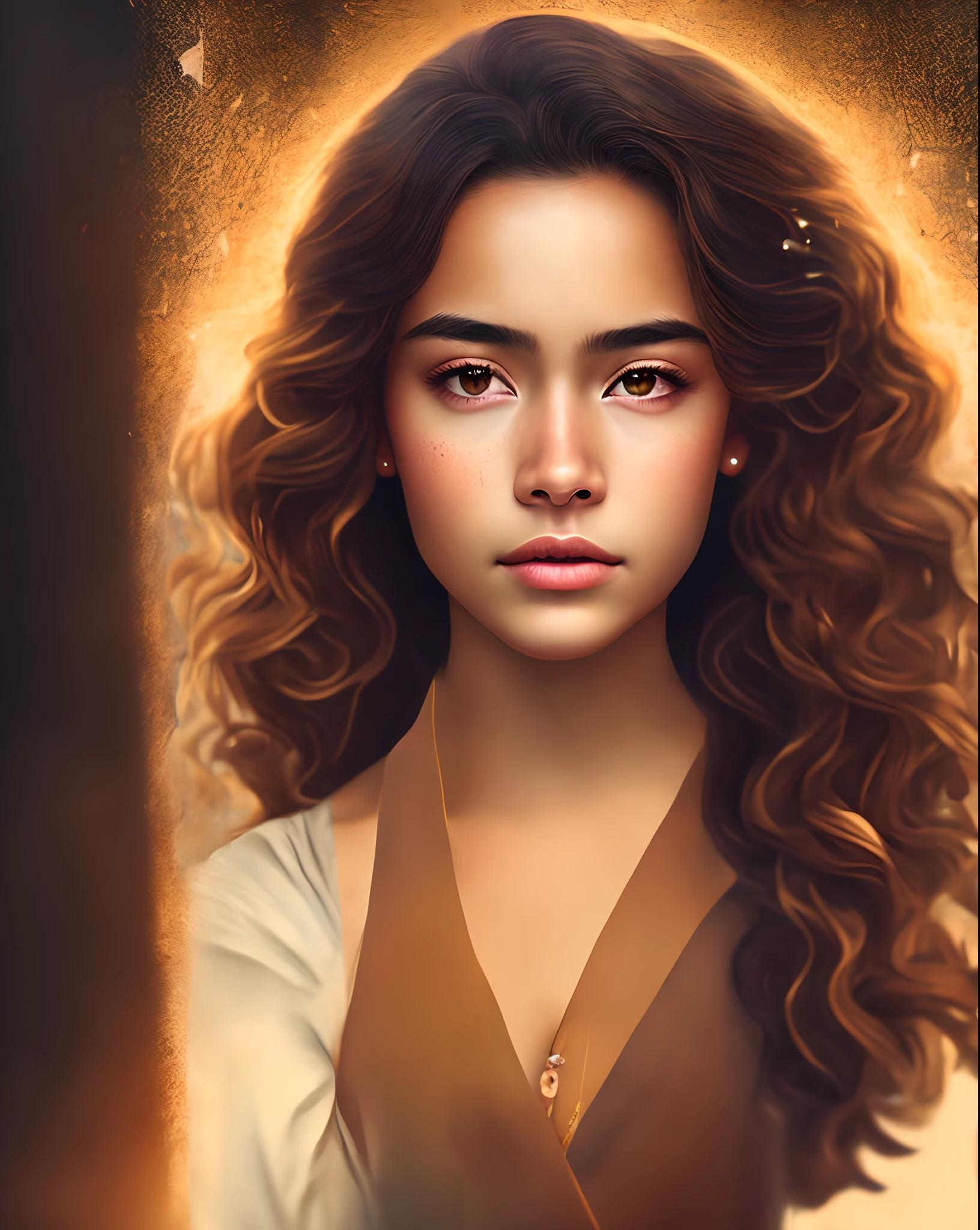 girl with brownish skin and long wavy dark brown hair, oval-ish face, dark brown eyes, dimples, movie poster with a dark rainy background, and the title at the top says alexis- pixar style