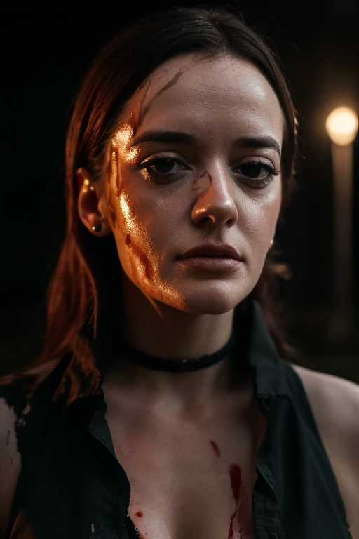 (Best quality, 8k, 32k, Masterpiece, UHD:1.2), ultra-detailed,(realistic,photorealistic,photo-realistic:1.37),a woman dressed in gothic clothes in a cemetary, a portrait, inspired by Louisa Matthíasdóttir, pexels contest winner, process art, covered in blood drops, armor focus on face, Kat Dennings,Eva green, Jen Soska,sweaty, 4k, hyperdetailed,covered in blood,dim lighting,blood stained hair,blood stained clothes