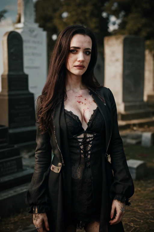Beautiful 20 year old woman, large tits, with short messy wavy red hair, wearing a red corset with black accents and black cloak, standing in a foggy cemetery at night, (red lipstick:1.5), realistic skin texture, (cross necklace:1.2), (looking at camera:1.3), (Circuit board and Gothic Art:1.4), photo realistic, 8k