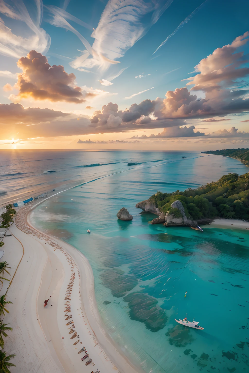 8k, highest quality, ultra details, Indonesia, beautiful tropical beach, crystal clear turquoise water, white sandy beach, palm trees swaying in the breeze, vibrant coral reefs, colorful tropical fish, breathtaking sunset.
