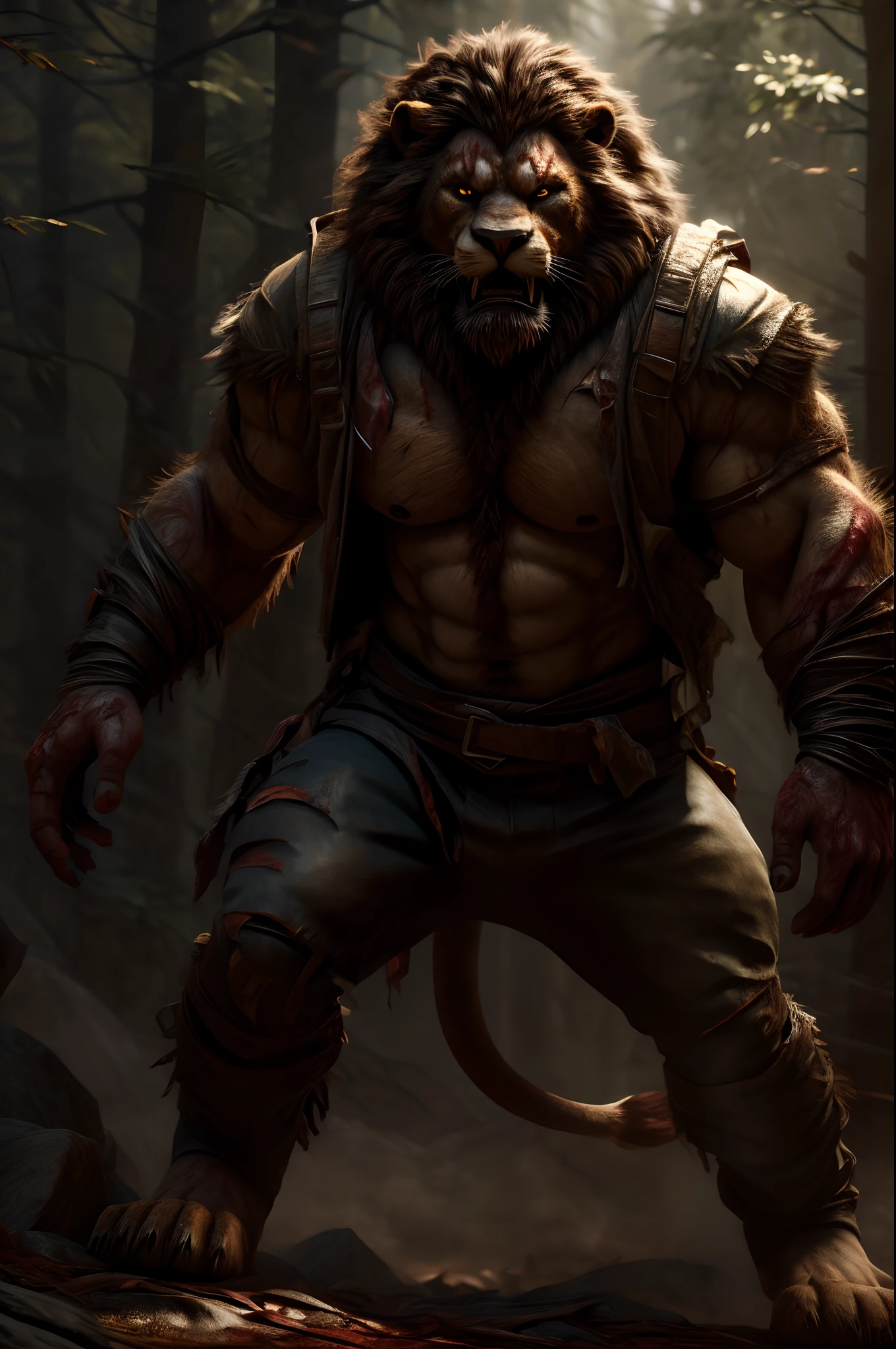 realistic photo scene 8k UHD ((ultra detailed masterpiece)), young handsome man, anthro lion, wide view, full body portrait, standing tall, short dark-brown hair, beard, wearing a torn outdoor gear, blood, gore, cuts across chest, large bloody gash on right leg, covered in blood, PAWS, large feet, yellow-iris, lion-tail, intense gaze, scared face, fierce, hairy, Amazing fantasy art, forest setting