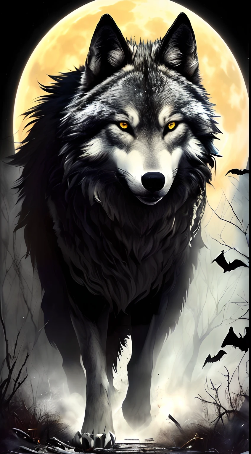 um close up de um lobo caminhando em frente a uma lua cheia, Grim - Lobo, grande lobo, Lobo Negro, lobo cinzento escuro, Lobo cinzento escuro O'Donnell, lobo, Angielobo, Ele tem olhos de lobo amarelos, lobisomem, lobo peludo, lone wolf, Meio Lobo, lobo, Fenrir, foto de lobo, an anthropomorphic wolf