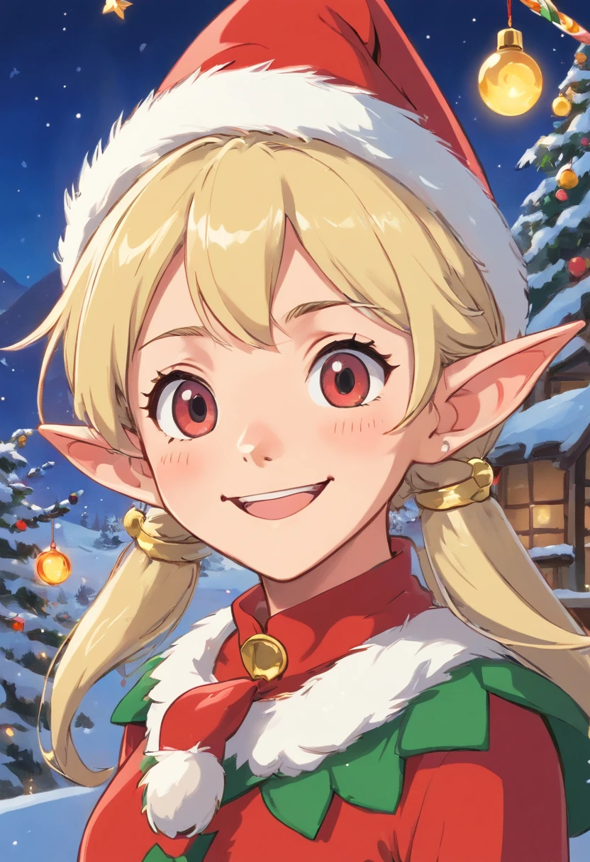 Capture a close-up shot of a Christmas elf’s mischievous smile, highlighting their playful and fun personality