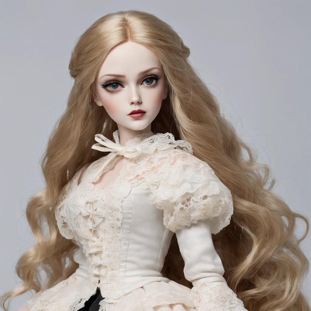 antique doll with antique lace stockings black boots long blond hair slight smile large eyes porcelain skin