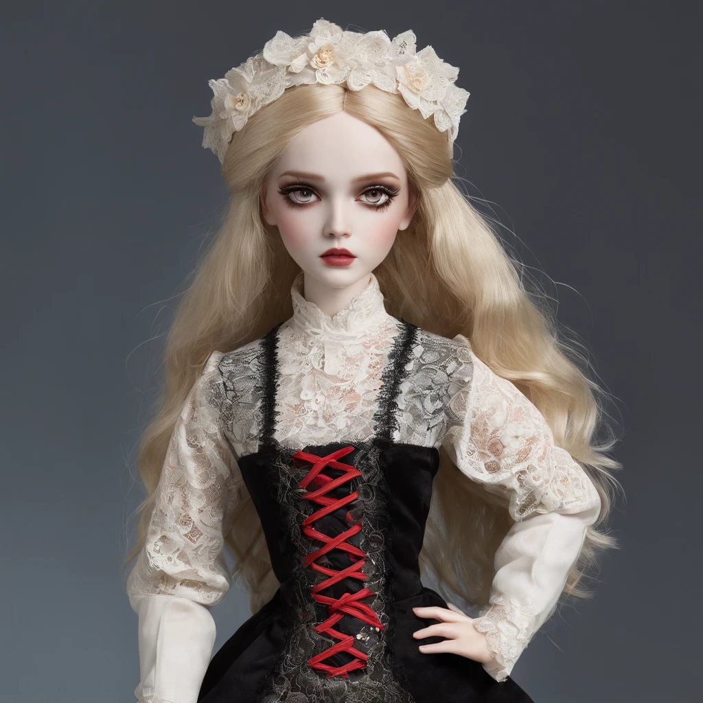 Ball-jointed doll, antique doll, marionette, mechanically articulated limbs, beautiful 18-year-old female, Gothic style, long smooth white hair, large glass eyes, thin, gaunt face, expressionless, thin limbs, aesthetic, Fantastic, beautiful images, masterpieces, high definition, 4k, 8k,