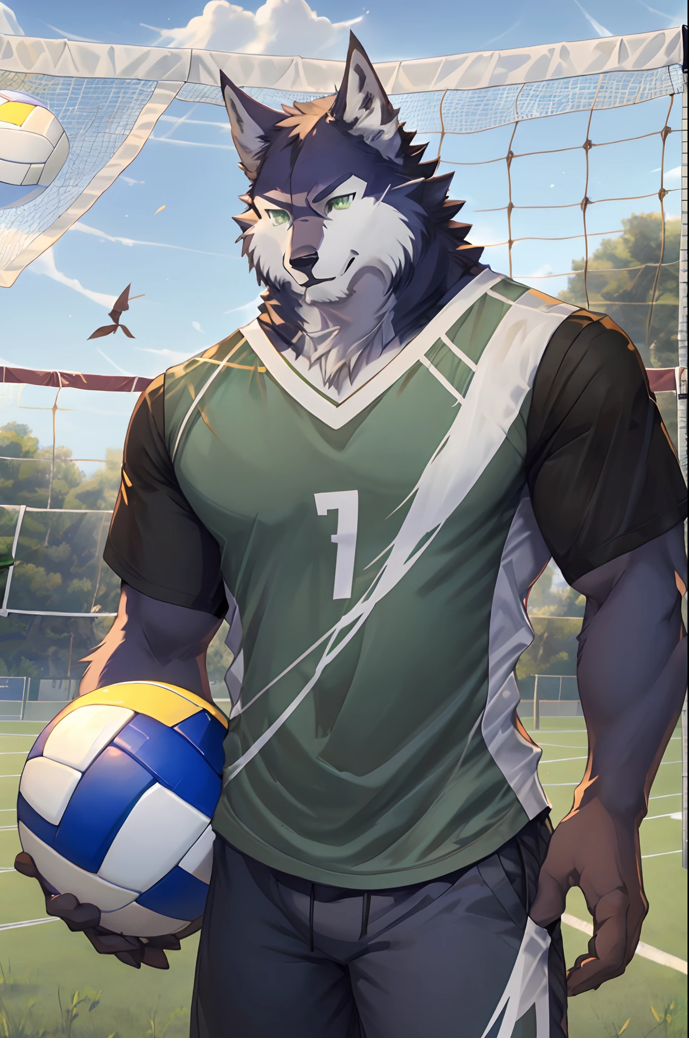 Best quality, Solo, Shoichi Urata, Furry Wolf, Dark Fur, Green eyes, Medium Muscular Body, Handsome, Good Looking, Volleyball Shirt, Cool Pose, Fierce, Smiling, Volleyball Field Background