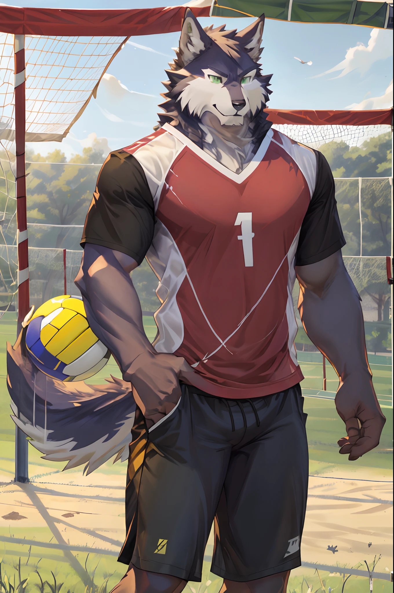 Best quality, Solo, Shoichi Urata, Furry Wolf, Dark Fur, Green eyes, Medium Muscular Body, Handsome, Good Looking, Volleyball Shirt, Cool Pose, Fierce, Smiling, Volleyball Field Background