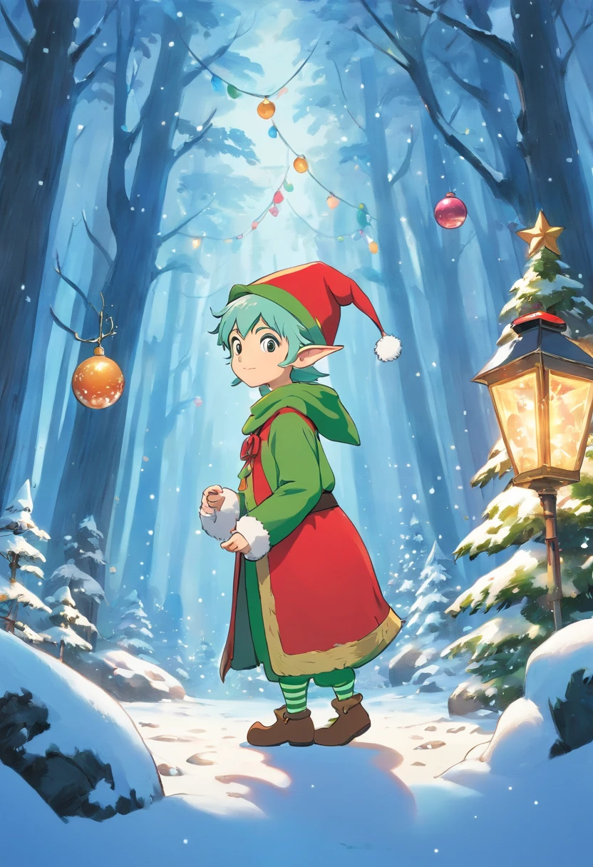 Capture a wide-angle shot of a Christmas elf in a snowy forest, showcasing their whimsical presence in a magical setting.