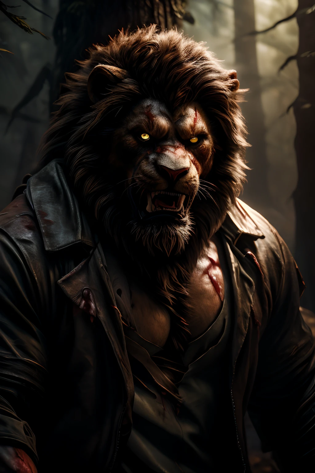 realistic photo scene 8k UHD ((ultra detailed masterpiece)), young handsome man, anthro lion, short dark-brown hair, beard, wearing a torn outdoor gear, blood, gore, cuts across chest,  yellow-iris, intense gaze, scared face, fierce, ((full-body view)), Amazing fantasy art, forest setting