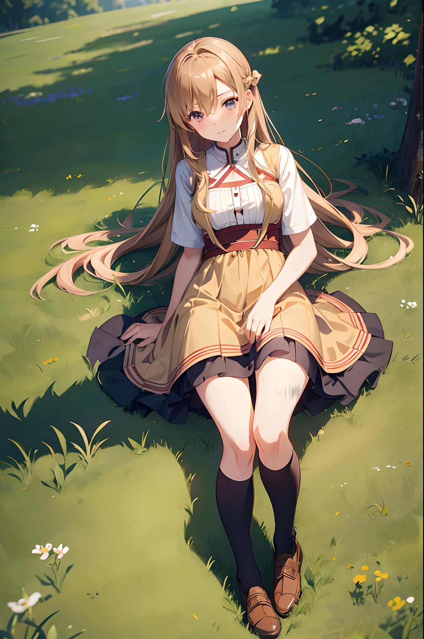 Asuna, wearing a dress, short skirt, grass field, pov, dating, blushing face, potrait, detailed, look behind