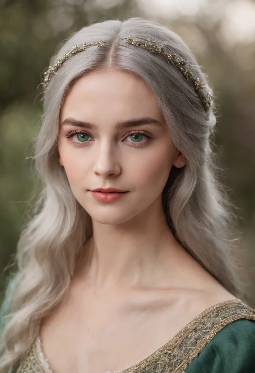 Fair complexion, A woman around 19 years old, Natural gray hair, Unique green eyes, Wear Cole, Slender and graceful, Beautiful, Candlelight in a medieval setting, super sharp focus, realistic lens, Gorgeous and fashionable women's clothing, Four colors (Scar:1.4)