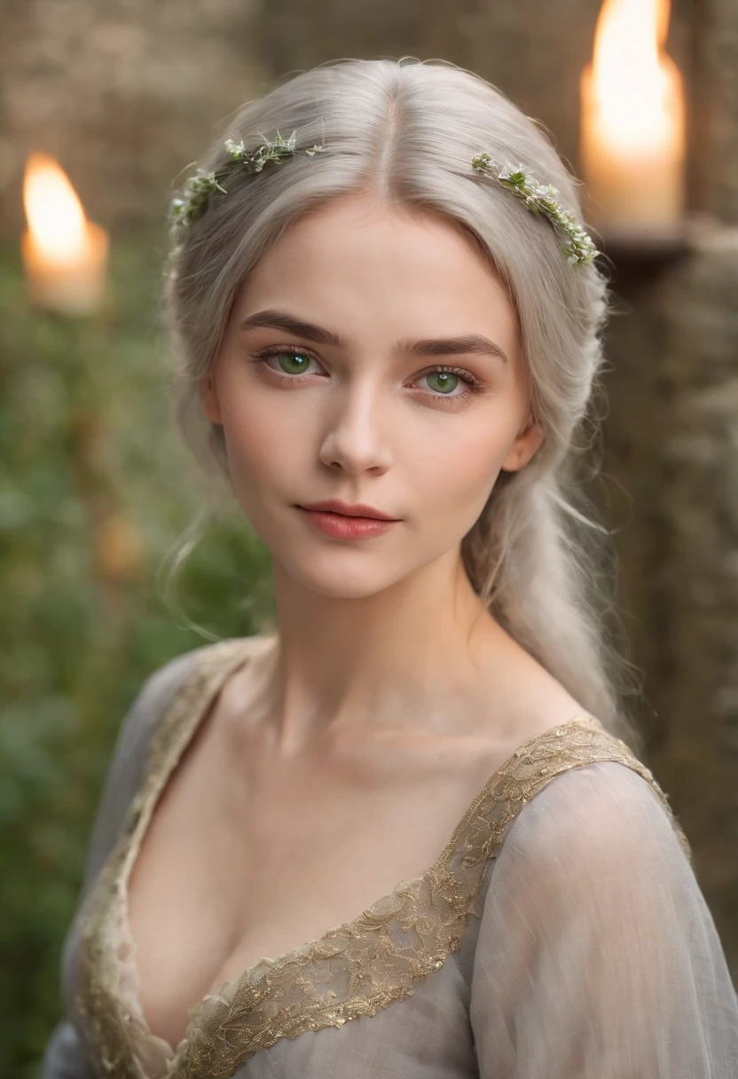 Fair complexion, A woman around 19 years old, Natural gray hair, Unique green eyes, Wear Cole, Slender and graceful, Beautiful, Candlelight in a medieval setting, super sharp focus, realistic lens, Gorgeous and fashionable women's clothing, Four colors (Scar:1.4)
