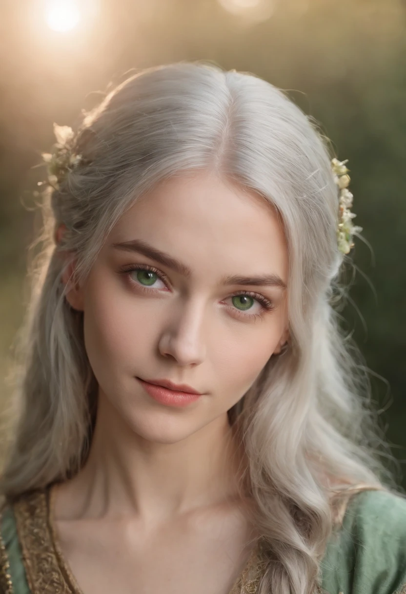 Fair complexion, A woman around 19 years old, Natural gray hair, Unique green eyes, Wear Cole, Slender and graceful, Beautiful, Candlelight in a medieval setting, super sharp focus, realistic lens, Gorgeous and fashionable women's clothing, Four colors (Scar:1.4)