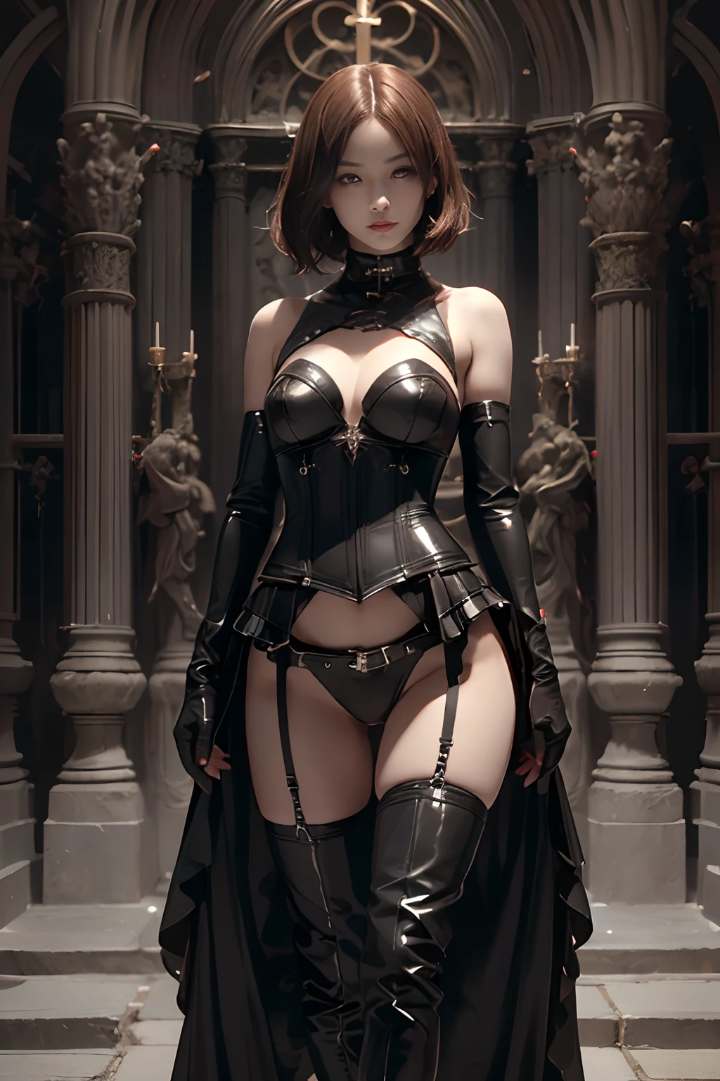 Japan maiden posing in a black rubber corset,((small tits,well-shaped bust,slim body and constricted waist,,,,,,,,,,,,,,,)),,,,,,,,, (((Absolute full-length images,front-facing view))),Black rubber panties,Sexy corset, Long rubber boots,  Bondage style,nippless,short hair of dark chestnut color,,,Bewitching smile,,,,,,,Inside the cathedral