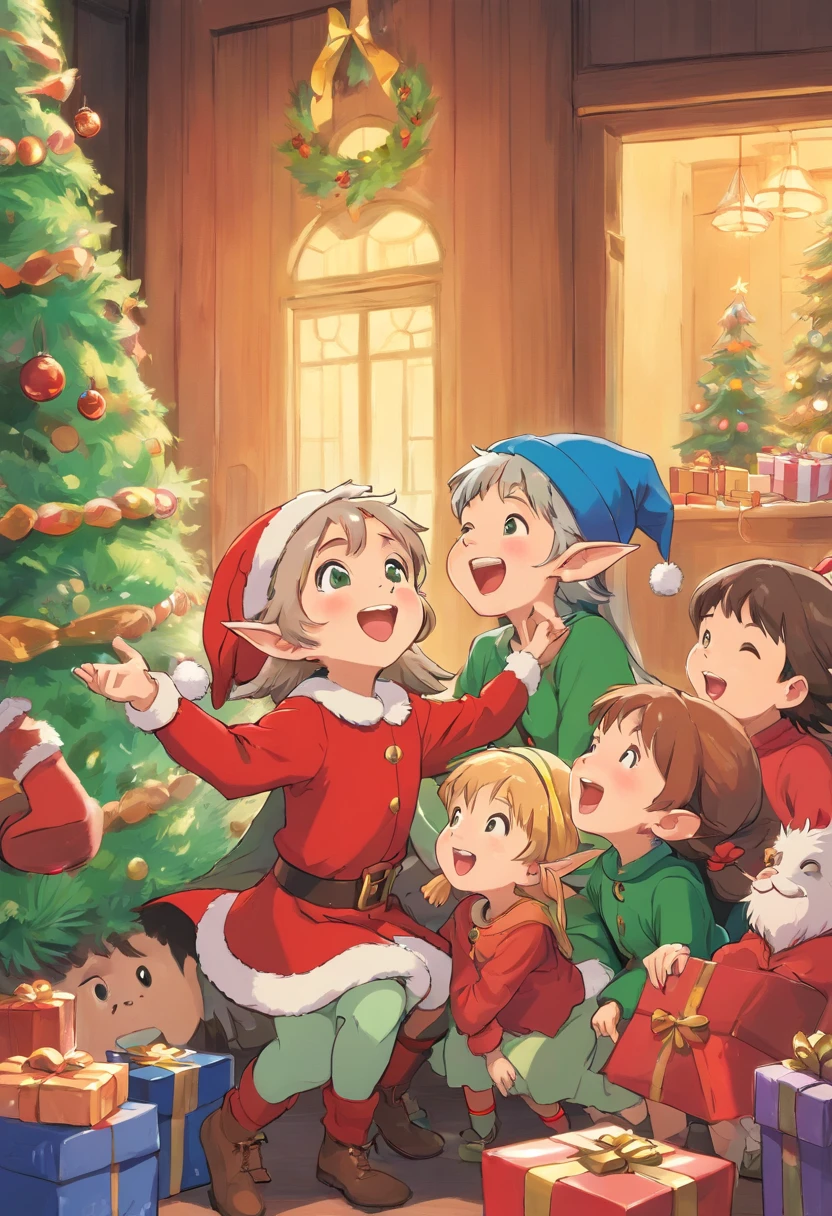 Capture a candid shot of a Christmas elf interacting with children, capturing their laughter and joy