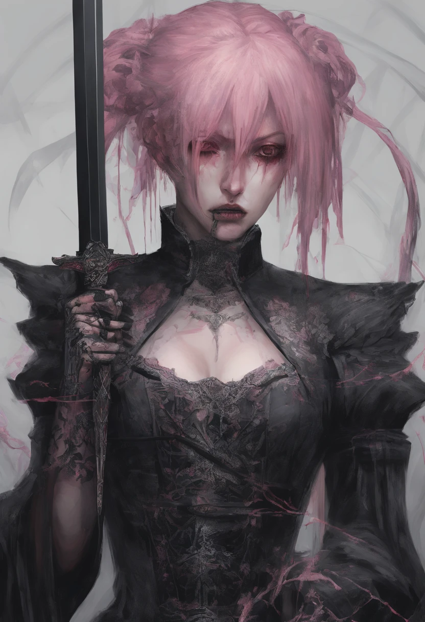 anime girl with pink hair holding a knife in her hand, she is holding a katana sword, yandere. tall, portrait of magical girl, she is holding a sword, mirai nikki, yandere, gapmoe yandere, anime painting, yandere intricate, beautiful anime artwork, unsheathing her katana, with pink hair, clean detailed anime art