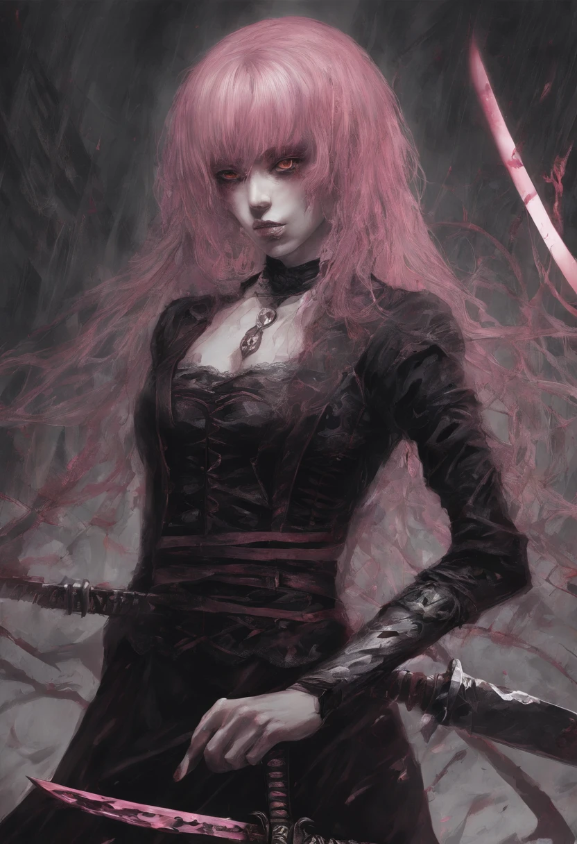 anime girl with pink hair holding a knife in her hand, she is holding a katana sword, yandere. tall, portrait of magical girl, she is holding a sword, mirai nikki, yandere, gapmoe yandere, anime painting, yandere intricate, beautiful anime artwork, unsheathing her katana, with pink hair, clean detailed anime art